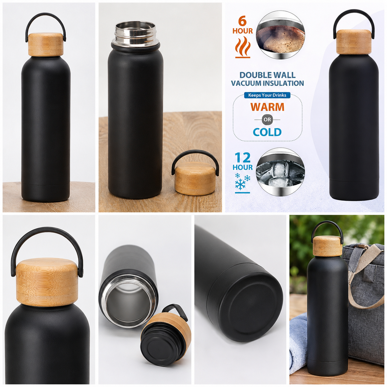 Premium Stainless Steel Water Bottle with Wooden Lid | Matte Black Insulated Bottle