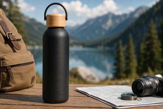 Premium Stainless Steel Water Bottle with Wooden Lid | Matte Black Insulated Bottle